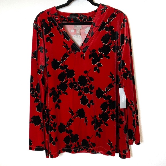 Chico's Tops - Chico's Red Velvet Crossover Tunic Top Size 4=XXL/20 NEW Black Floral Longsleeve